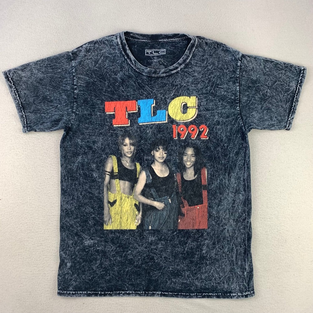 TLC 1992 T-Shirt M/L Grey Acid Wash Retro Graphic Short Sleeve Tee 90s Band
